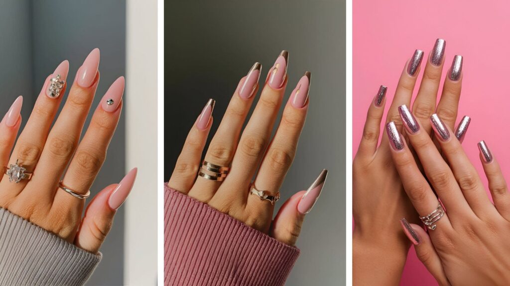 collage of three images of pink acrylic nails for baddies