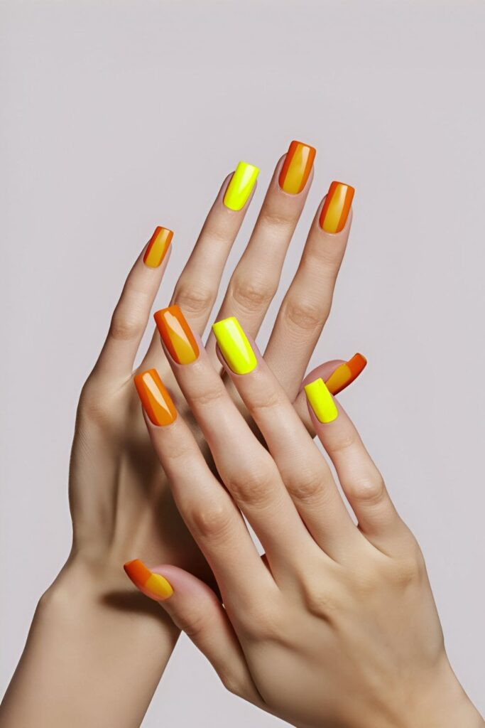 Vibrant acrylic nails with neon orange and yellow gradient or alternating colors, energetic and eye-catching nail design