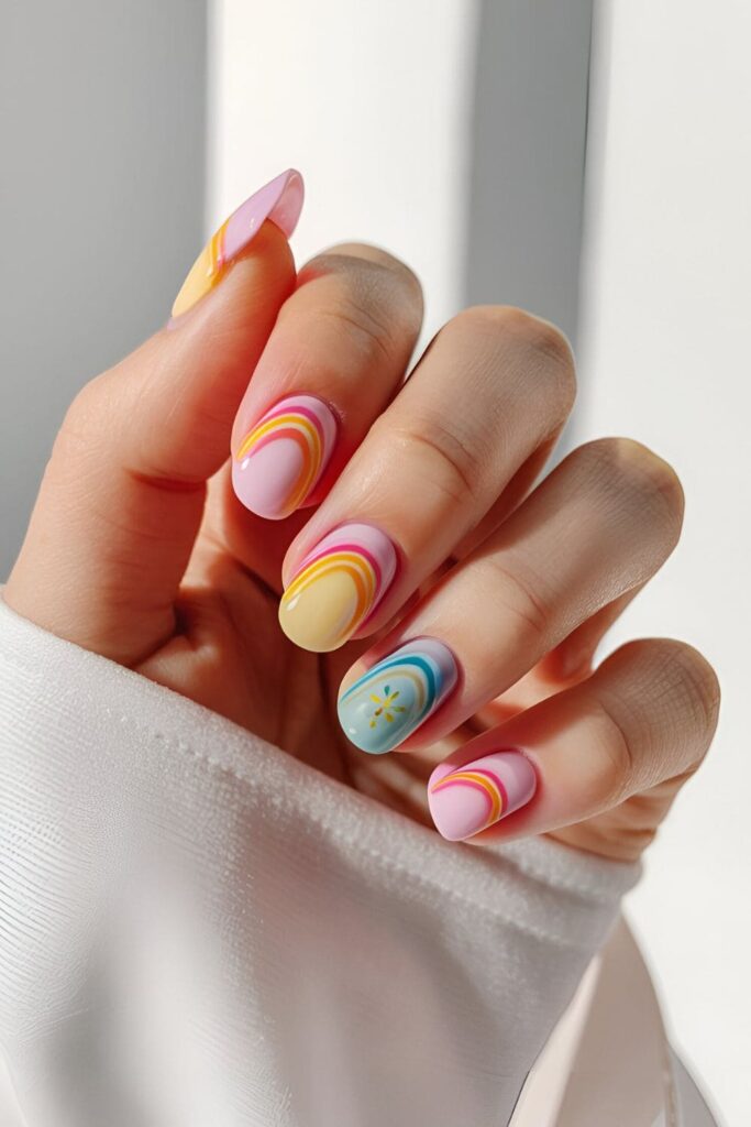 Vibrant rainbow-colored acrylic nails, perfect for showing off a cheerful and playful style