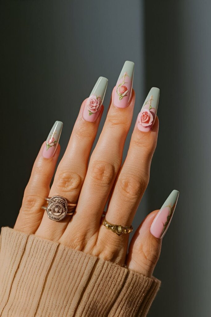 Vintage rose nail art in soft pink and green