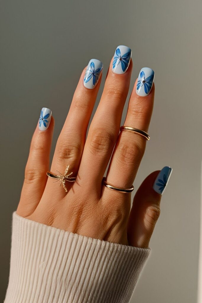 Whimsical-nails-with-tiny-blue-dragonflies-painted-on-a-light-base-perfect-for-a-summer-garden-party