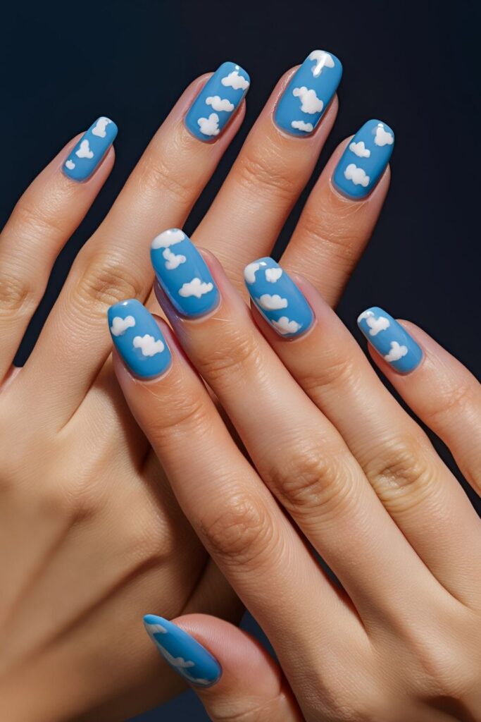 Whimsical-nails-with-white-clouds-painted-on-a-blue-base-perfect-for-a-dreamy-summer-day