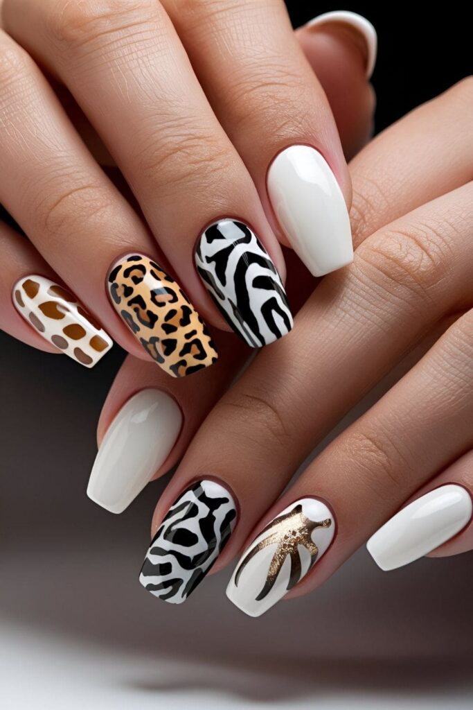 White acrylic nails with leopard spots or zebra stripes