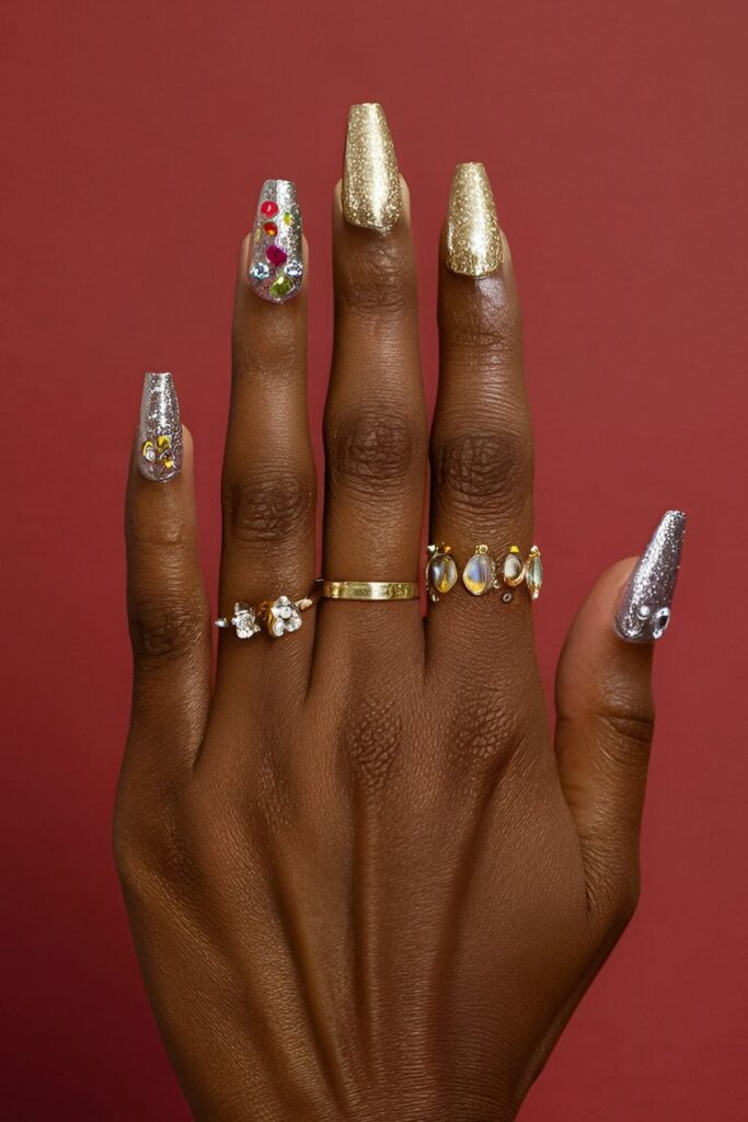 Dark-skinned hands with gold and silver glitter acrylic nails, decorated with colorful rhinestones