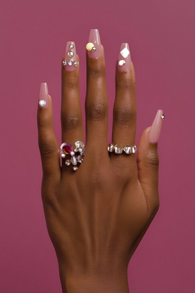 Dark-skinned hands with acrylic nails adorned with 3D elements like beads, rhinestones, and acrylic shapes