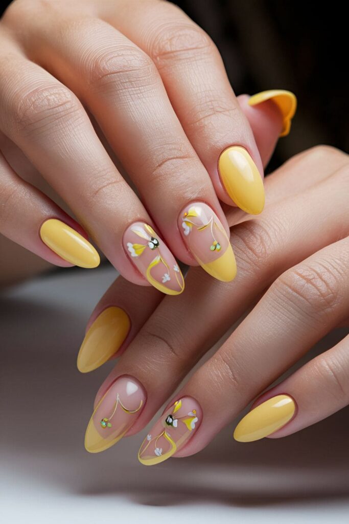 a close-up of cheerful acrylic nails in bright, sunny yellow