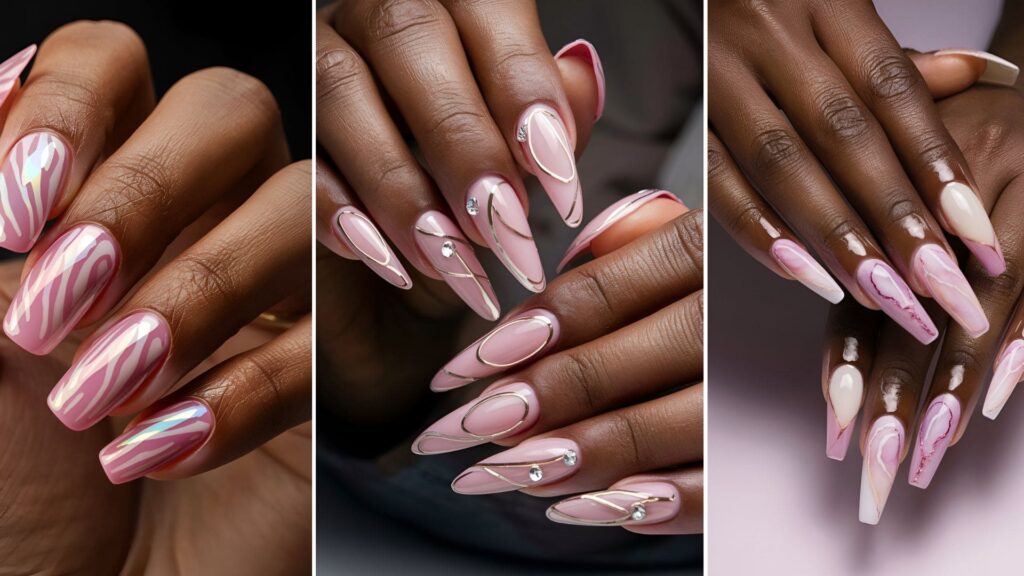 collage of three images of Pink Acrylic Nail Designs for Dark Skin Tones