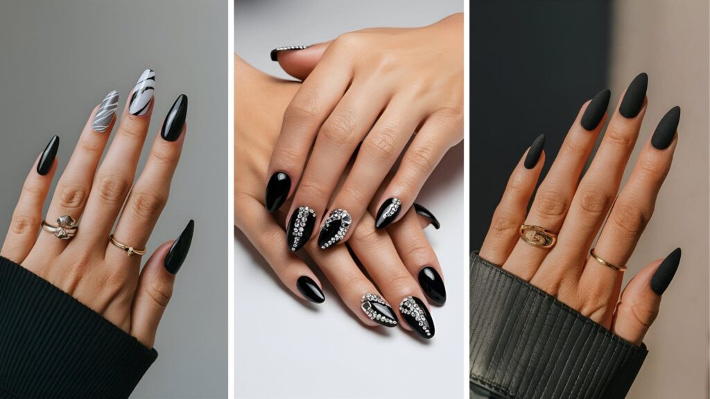 college of three images of black acrylic nails for baddies