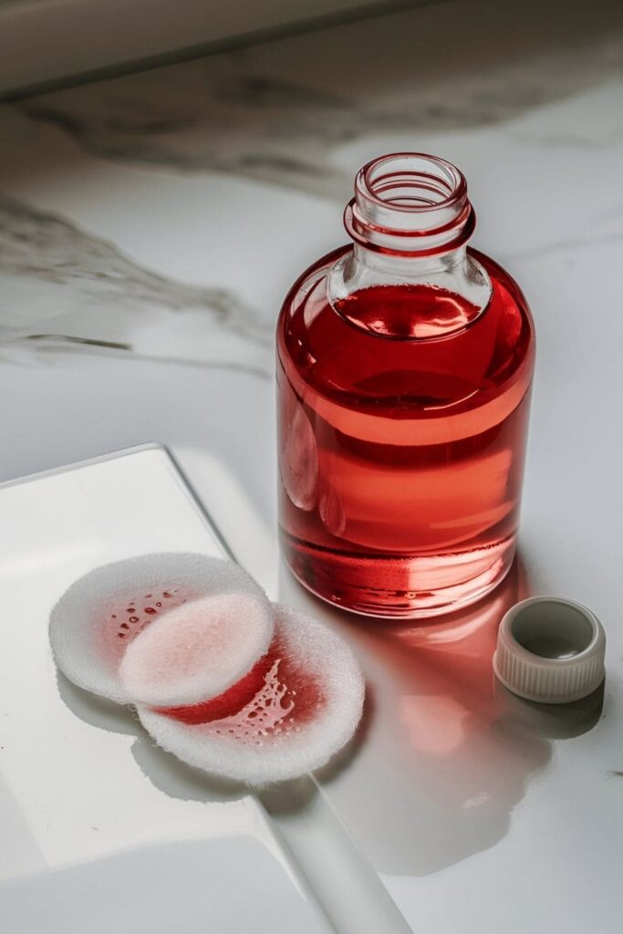 A bottle of rose water with soaked cotton pads on a white marble vanity, surrounded by fresh rose petals and a small vase of pink roses