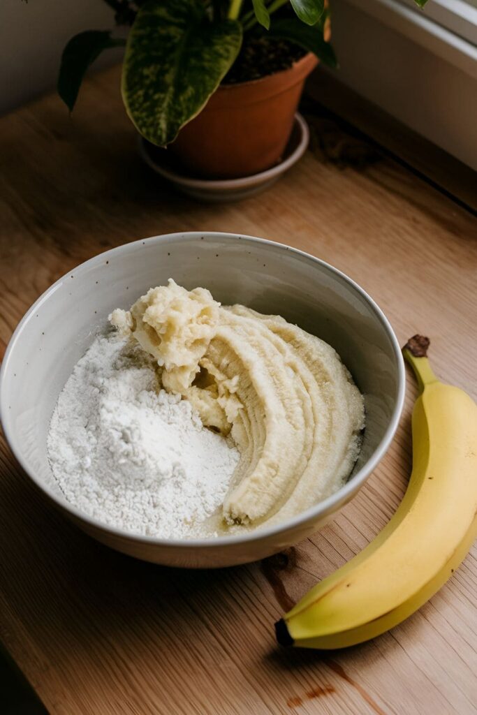 A bowl containing a mixture of rice flour and mashed banana, with a ripe banana and a small bunch of rice grains on a light background