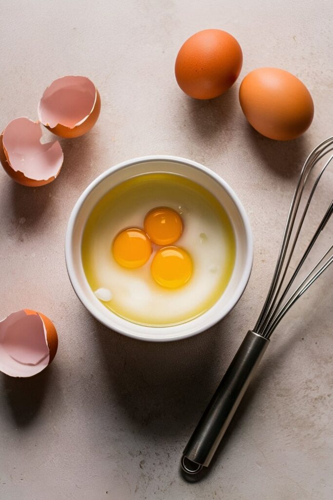 A bowl of egg whites with a cracked eggshell and raw eggs on a clean countertop with a whisk