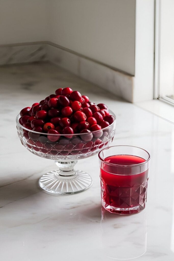 A bowl of fresh cranberries with cranberry juice and extract, surrounded by green leaves on a vintage wooden table