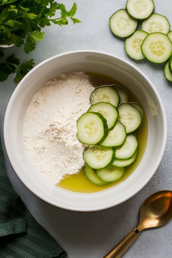 A bowl of rice flour and cucumber juice mixture with sliced cucumber and a grater placed nearby on a cool, marble surface