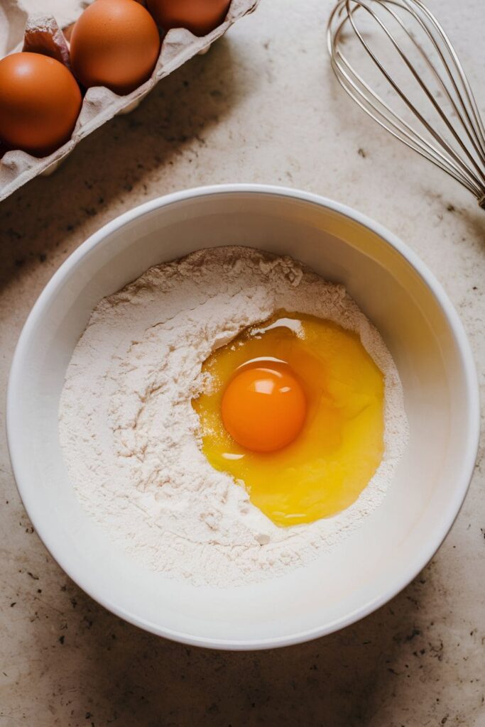 A bowl of rice flour and egg yolk mixture, with an egg yolk in a cracked shell and a few rice grains scattered around on a simple, neutral surface