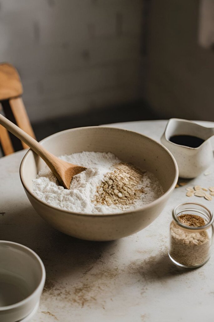 A bowl of rice flour and ground oatmeal with a wooden spoon and a small jug of water on a rustic kitchen table