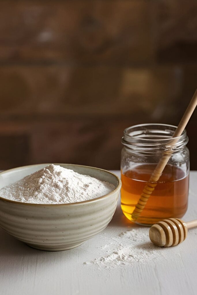 A bowl of rice flour and honey mixture, with a honey dipper and a small jar of honey beside it on a warm-toned wooden surface