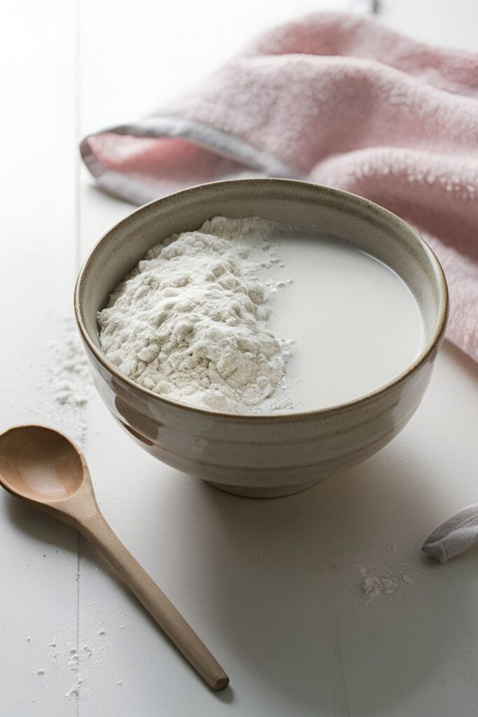 A bowl of rice flour and milk mixture with a wooden spoon, placed on a light wooden surface with a small jar of rice flour beside it