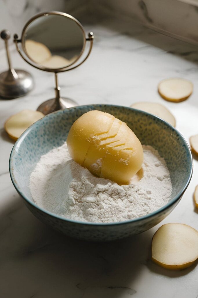 A bowl of rice flour and potato juice mixture, with a peeled potato and a small grater beside it on a neutral-colored background