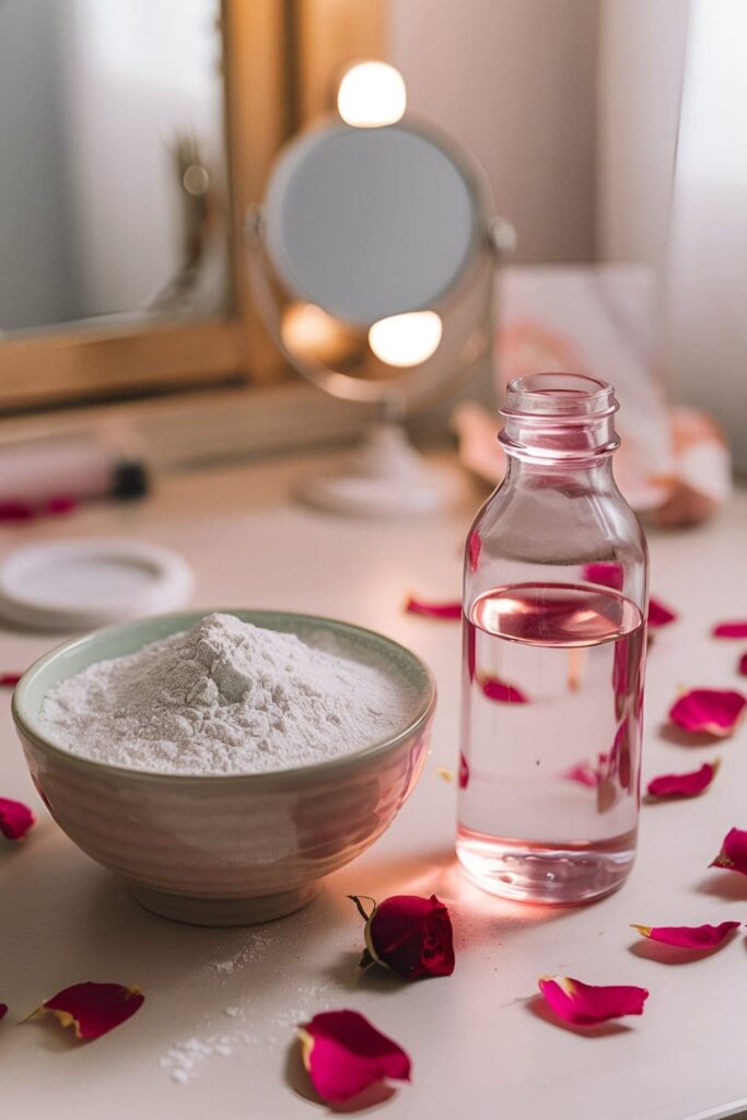 A bowl of rice flour and rose water mixture with a small bottle of rose water and scattered rose petals on a soft, pink background