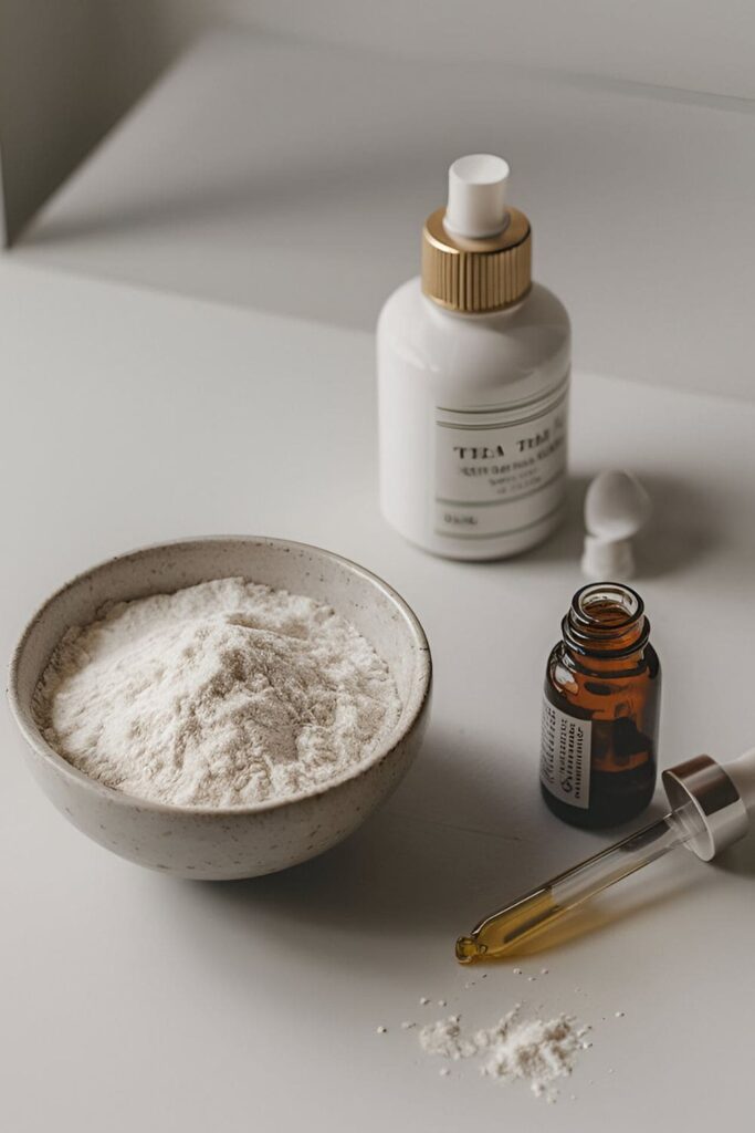 A bowl of rice flour and tea tree oil mixture, with a small bottle of tea tree oil and rice grains scattered around on a natural wooden surface