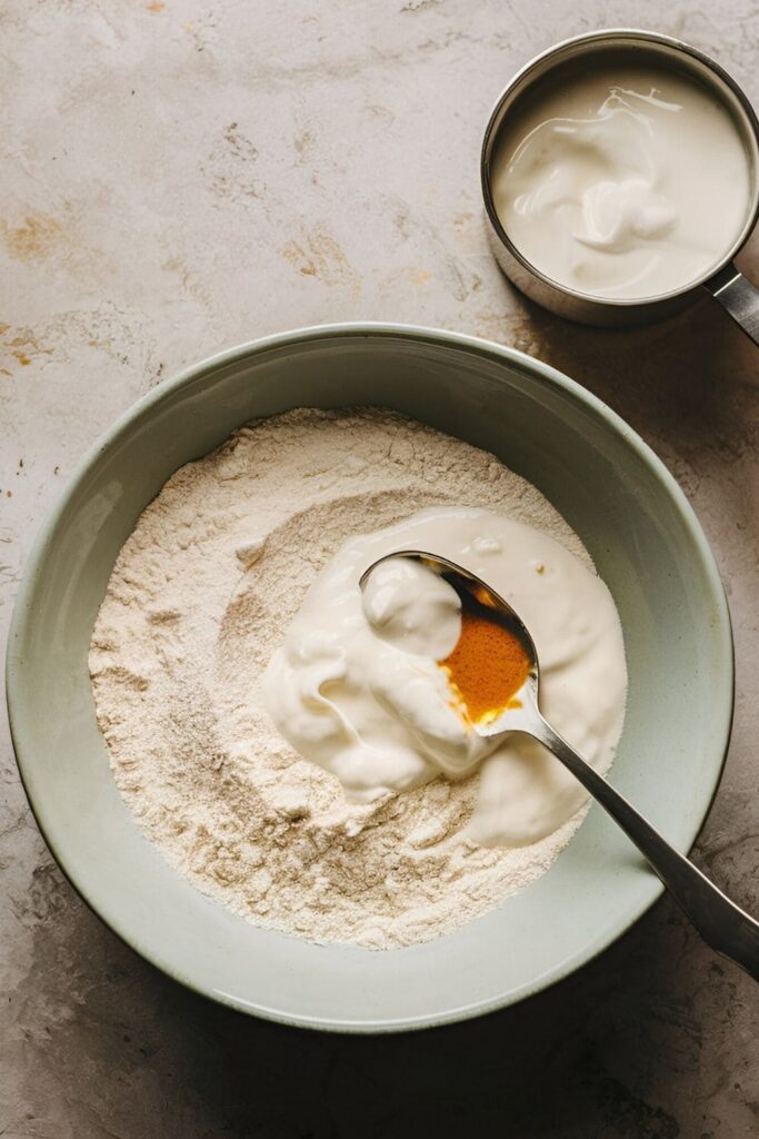 A bowl of rice flour and yogurt mixture, with a small container of plain yogurt and a spoon on a light, textured surface