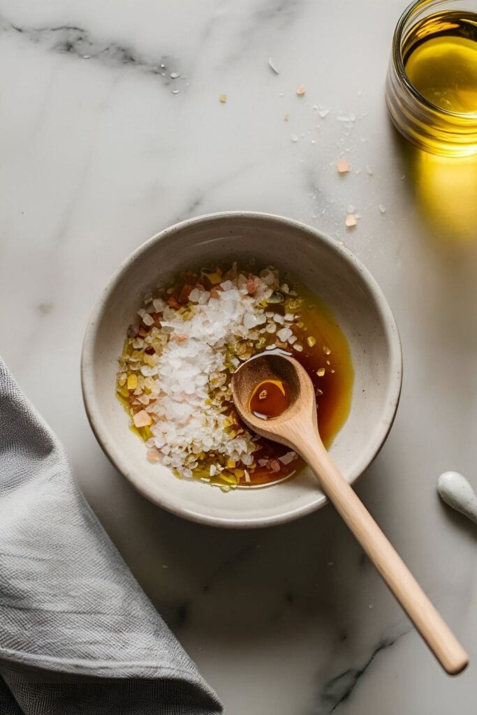 A bowl of sea salt crystals mixed with olive oil and honey, with a wooden spoon and scattered sea salt crystals around