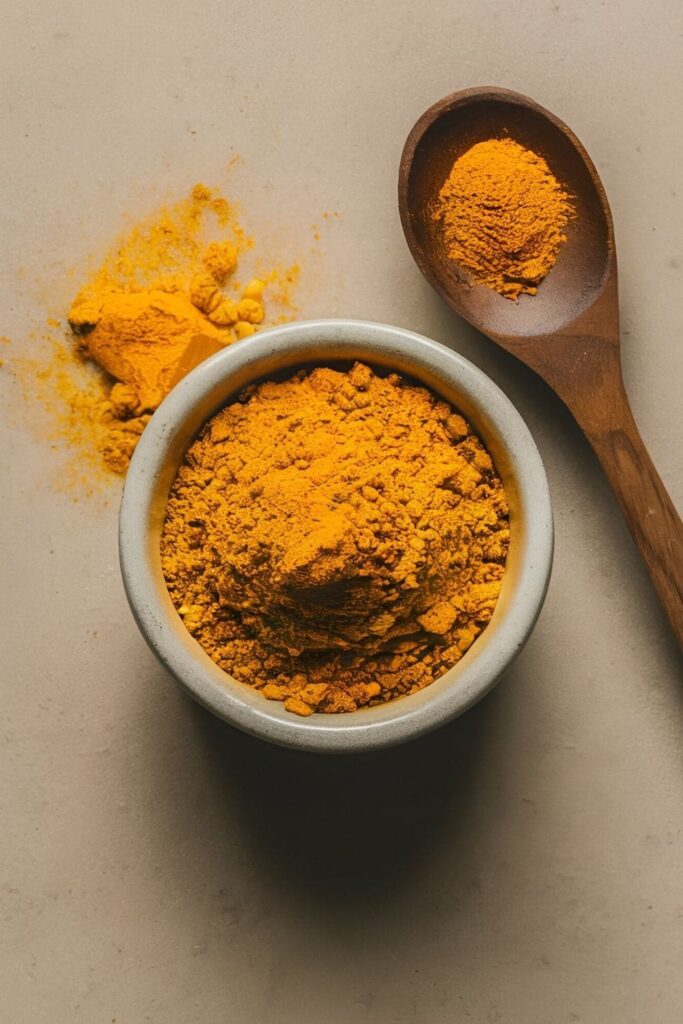 A bowl of turmeric powder with a wooden spoon, a jar of honey, and a container of yogurt on a rustic countertop