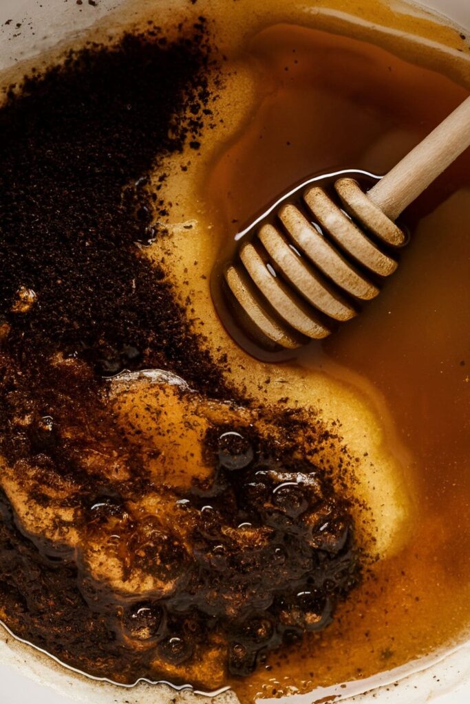 A bowl with a thick, golden blend of coffee grounds and honey, with a honey dipper resting nearby. Coffee beans are scattered around the bowl