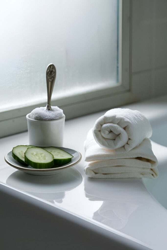 A chilled spoon, cucumber slices on a small plate, and a folded damp cloth on a clean bathroom counter, with a lightly frosted window in the background