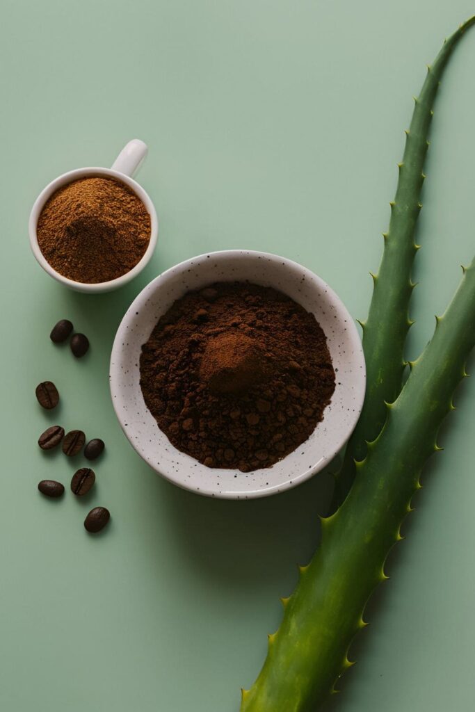 A clear bowl containing a smooth, greenish gel-like mixture of aloe vera and coffee. Aloe leaves and coffee beans are placed nearby