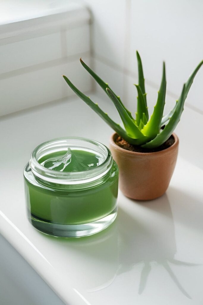 A clear jar of aloe vera gel on a bathroom counter next to a small aloe vera plant, with the gel glistening under soft lighting