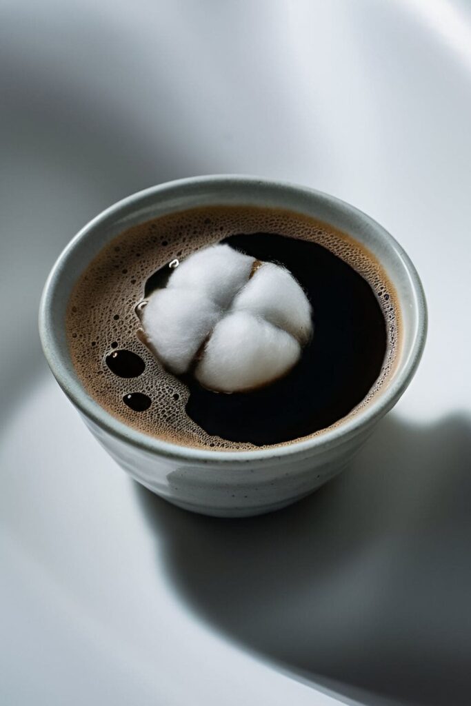 A close-up of a small bowl containing strong brewed coffee with a cotton ball soaking in it. Coffee beans and a few drops of coffee are visible on the white surface