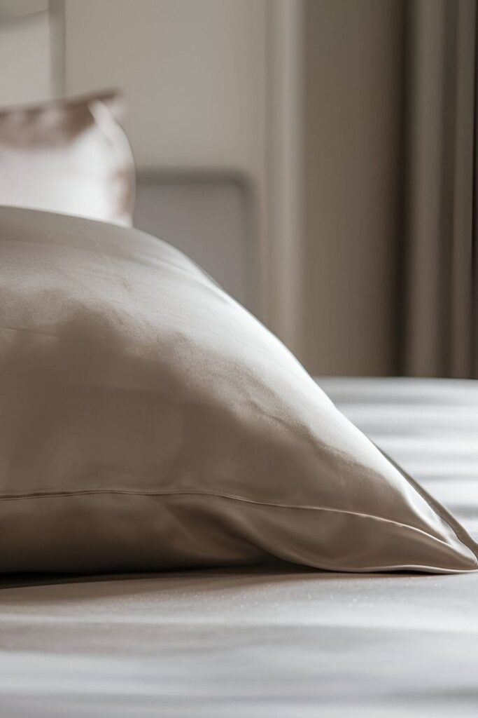 A close-up of a smooth, silk pillowcase on a neatly made bed, with soft lighting highlighting the fabric's sheen in a softly lit bedroom