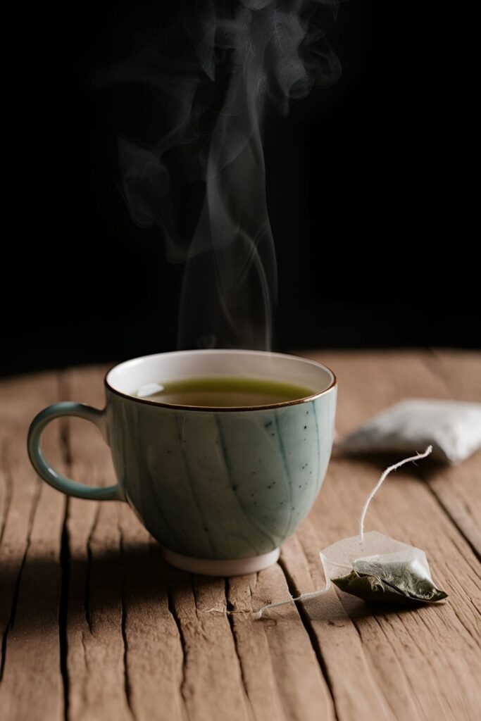 A close-up of a steaming cup of green tea surrounded by green tea leaves and used tea bags on a wooden table