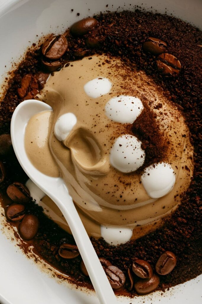 A creamy mixture of coffee grounds and yogurt in a bowl, with a spoon beside it. Coffee beans and yogurt droplets are visible around the bowl