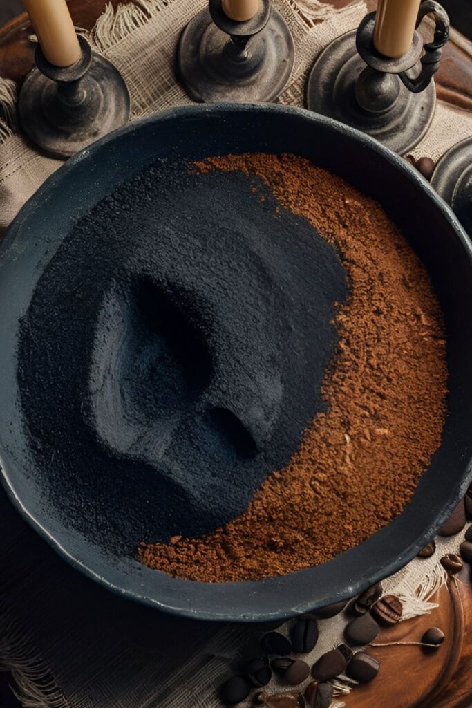 A dark, thick mixture of activated charcoal powder and coffee grounds in a bowl, with a brush beside it. Scattered charcoal powder and coffee beans create a deep, detoxifying visual