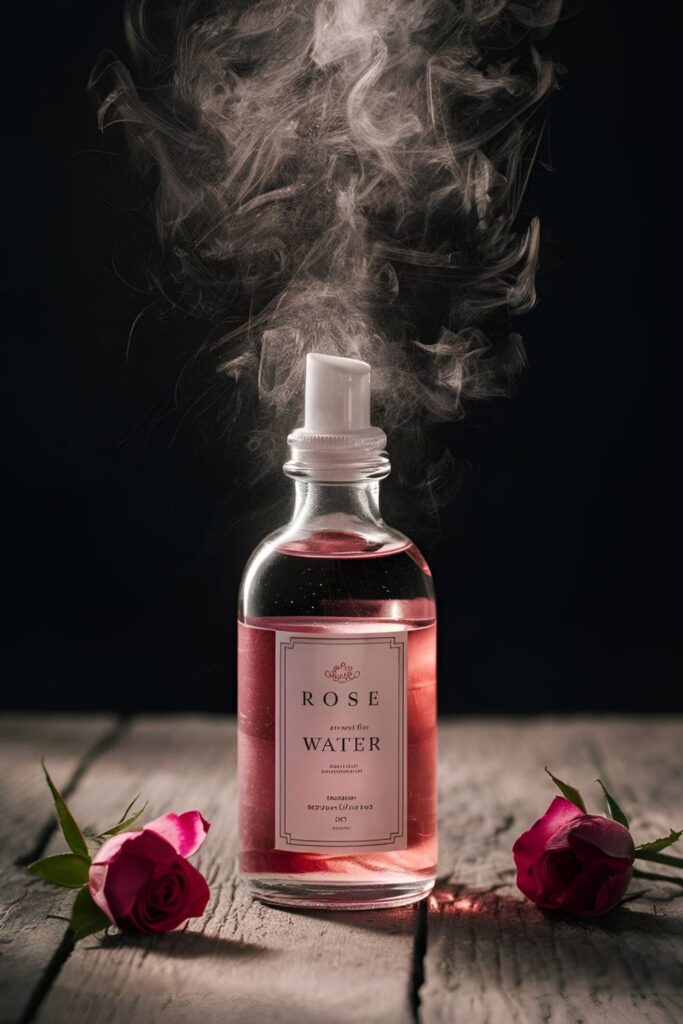 A delicate glass bottle of rose water surrounded by scattered rose petals, with a subtle mist effect above the bottle