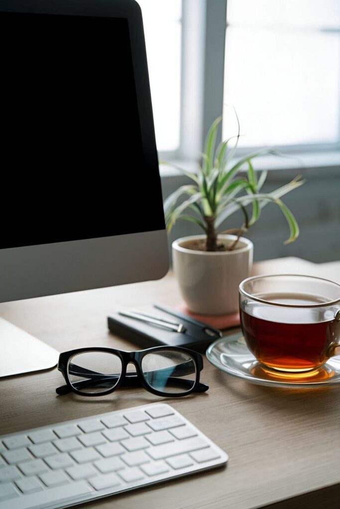 A desk setup with a computer screen turned off, glasses, a small plant, and a cup of herbal tea, with natural light streaming through a window