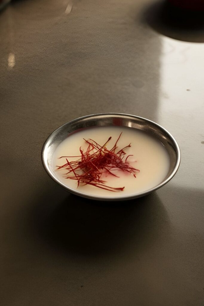 A few strands of saffron floating in a small dish of milk on a dark countertop, with traditional elements like a jar of spices and a bowl of almonds in the background