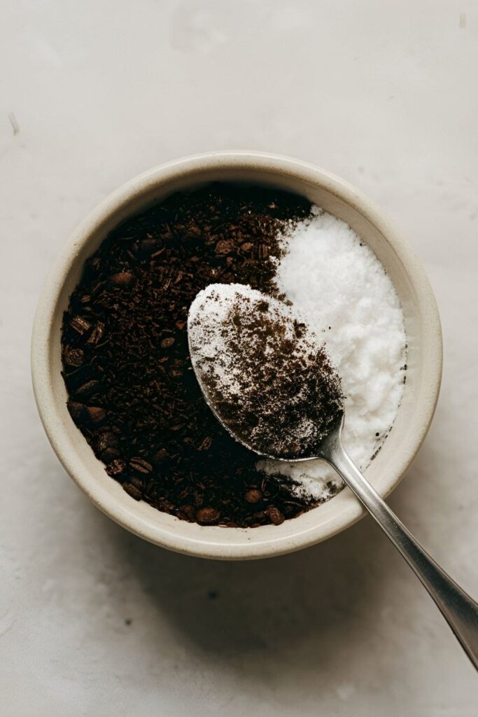 A fine, powdery mixture of coffee grounds and baking soda in a small bowl, with a spoonful of the scrub visible. Baking soda and coffee beans are scattered around