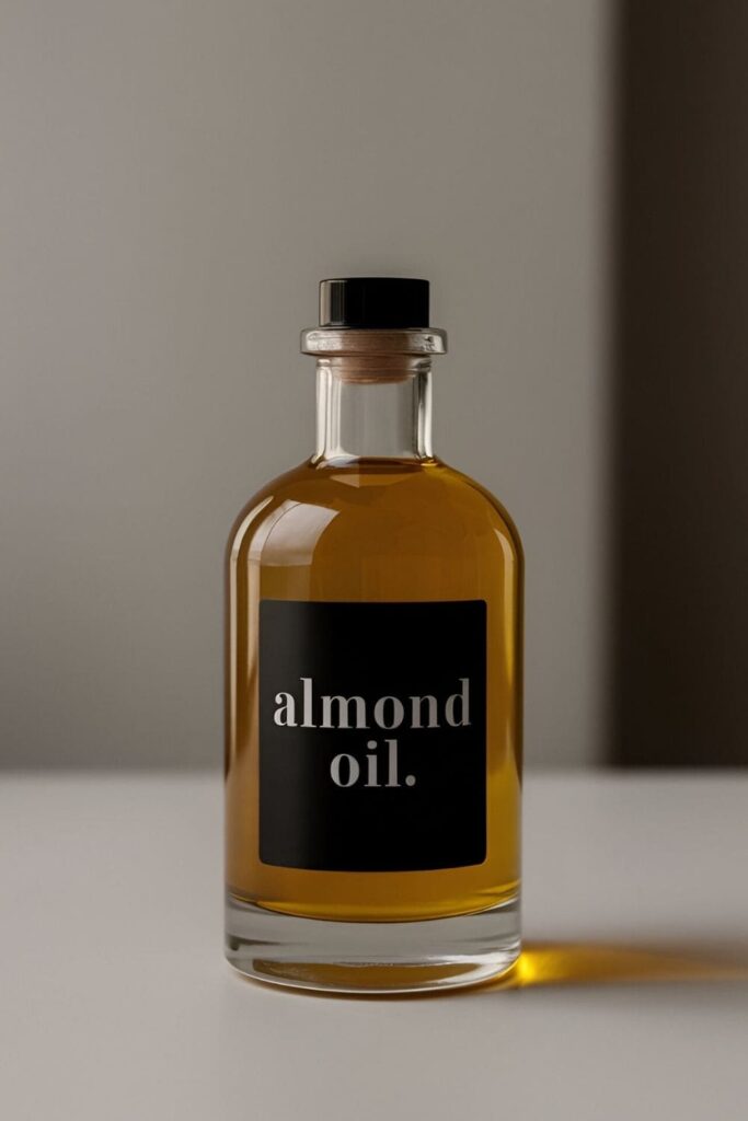 A glass bottle of almond oil next to a pile of almonds, with an elegant dropper and scattered almond petals on a marble surface