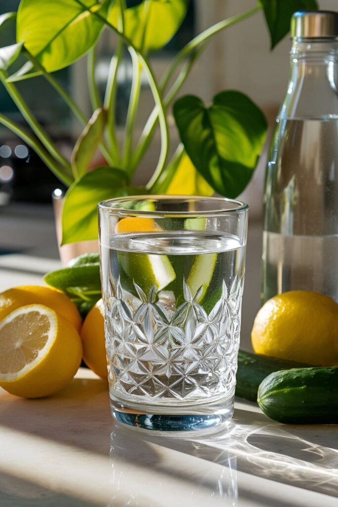 A glass of water on a sunlit kitchen counter surrounded by a water bottle, fresh lemons, cucumbers, and a leafy green plant, symbolizing hydration