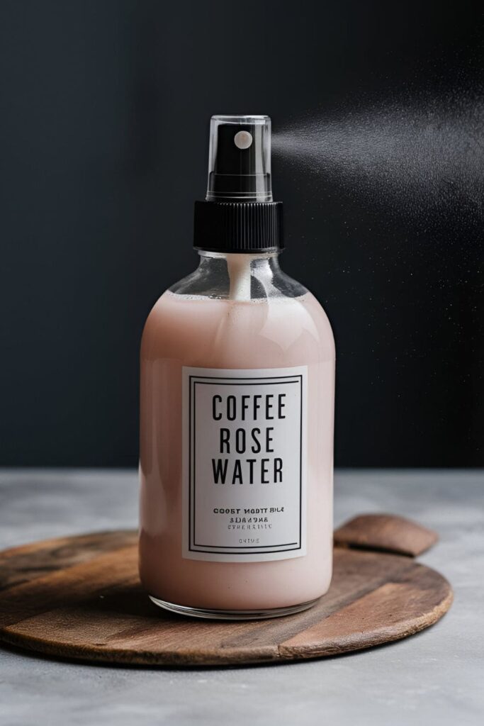 A glass spray bottle filled with a light pink mixture of coffee and rose water, with rose petals and coffee beans surrounding it. A soft mist is being sprayed from the bottle