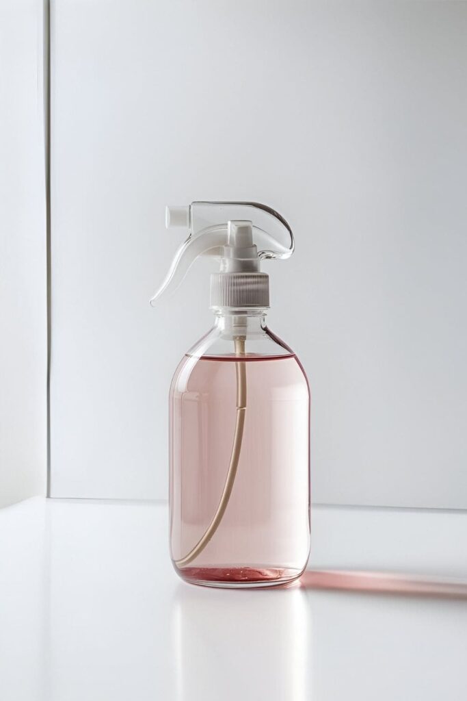 A glass spray bottle filled with rose water next to fresh rose petals and a vintage glass dish with rose water droplets