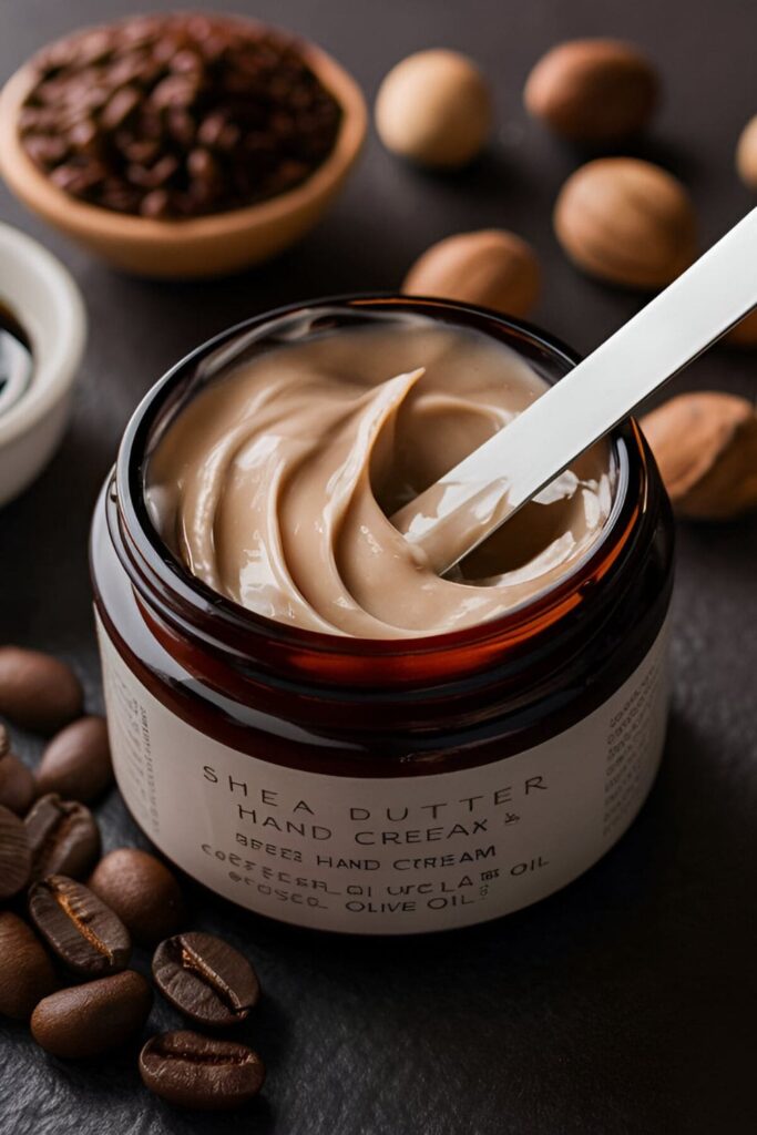 A jar of creamy, rich hand cream made from shea butter and coffee-infused olive oil, with a spatula dipped in the cream. Shea nuts and coffee beans are visible in the background