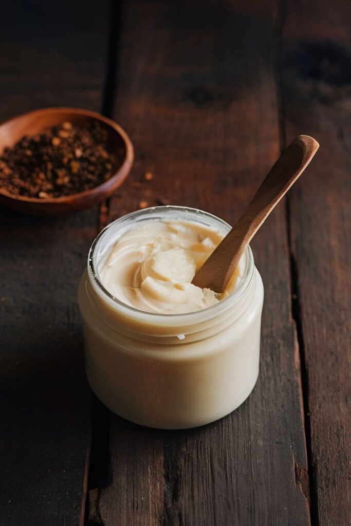 A jar of creamy shea butter with a wooden spatula, surrounded by shea nuts and a soft fabric on a textured surface