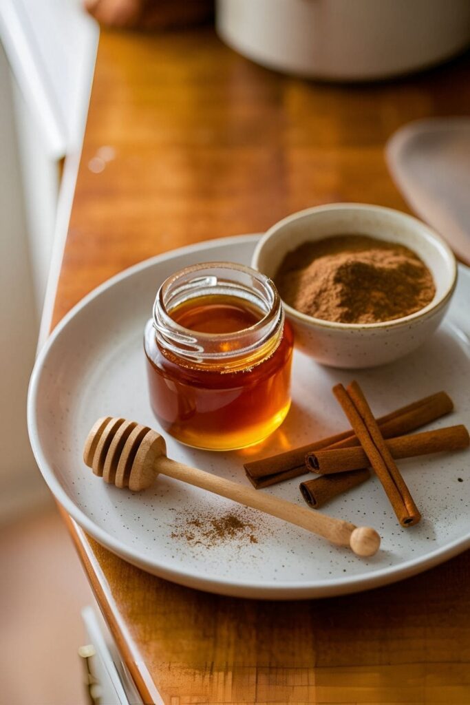 A jar of honey next to a bowl of ground cinnamon, with a honey dipper and cinnamon sticks on a warm wooden counter