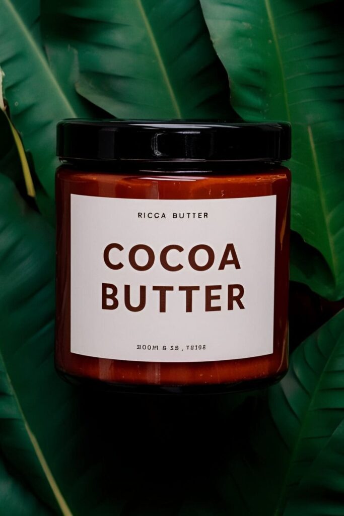 A jar of rich cocoa butter with cocoa beans and a piece of raw cocoa butter on a textured wooden surface