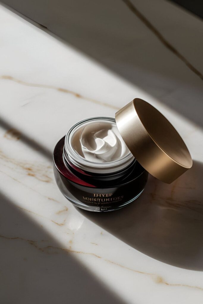 A luxurious cream jar with the lid open, showing the smooth texture of the moisturizer, placed on a marble countertop with subtle reflections