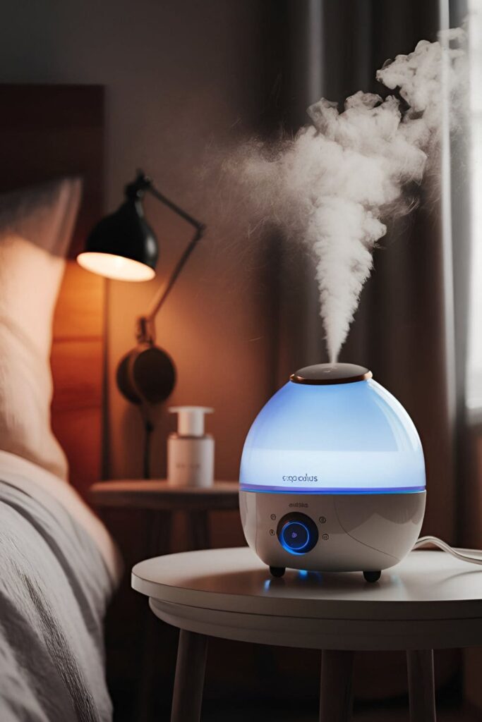 A modern humidifier emitting a fine mist on a bedside table in a cozy bedroom, softly lit by warm light